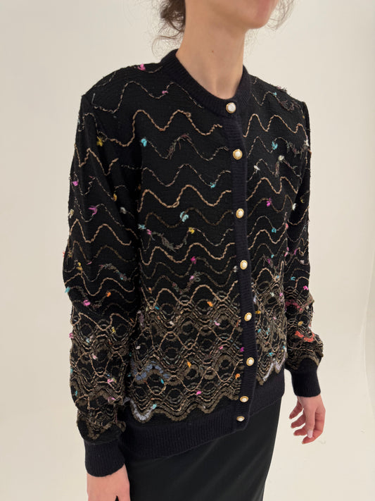Cardigan vintage negru italian cu inserții superbe curcubeu