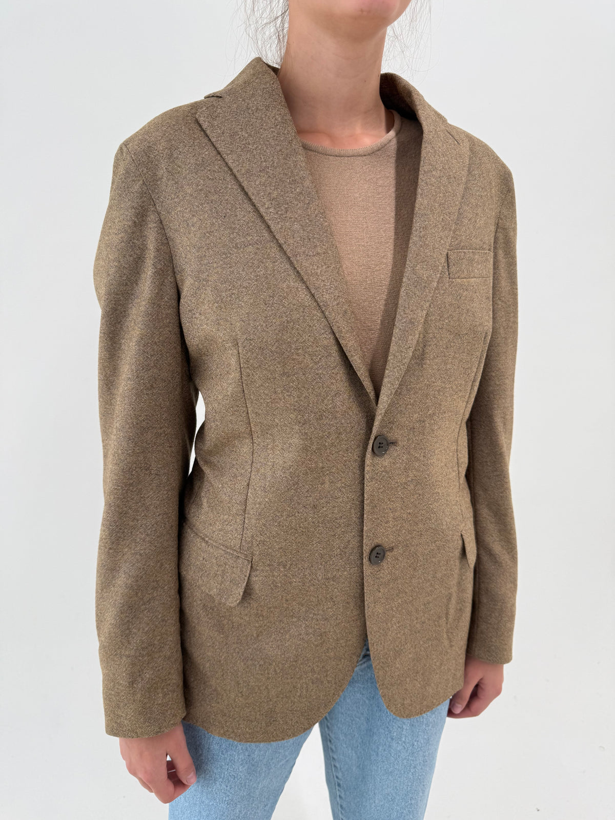 Sacou italian de brand sartorial high end tall din tweed Donegal de lana camel