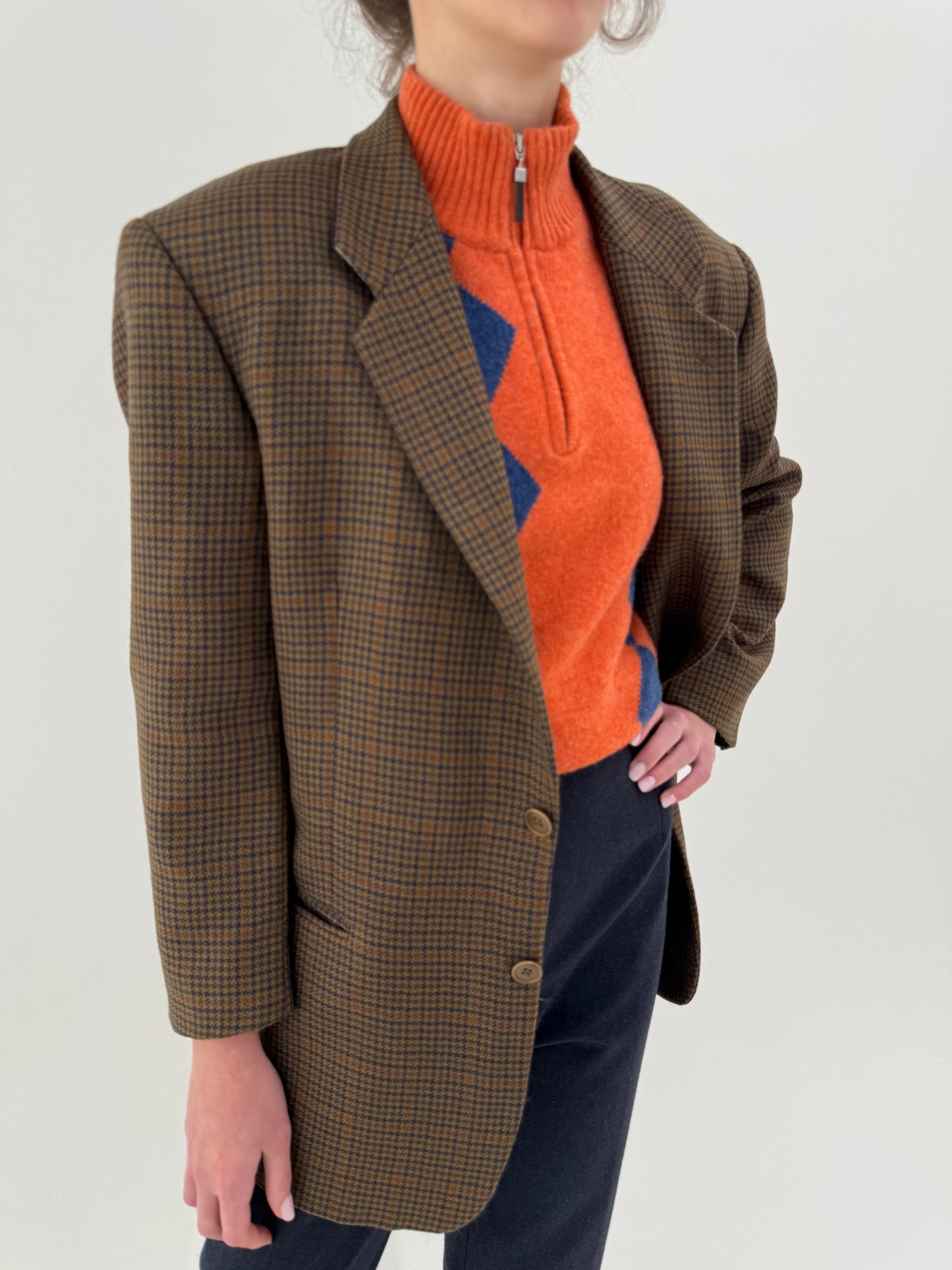 Sacou petite italian din tweed de lana excepțională kaki în carouri fine oranj