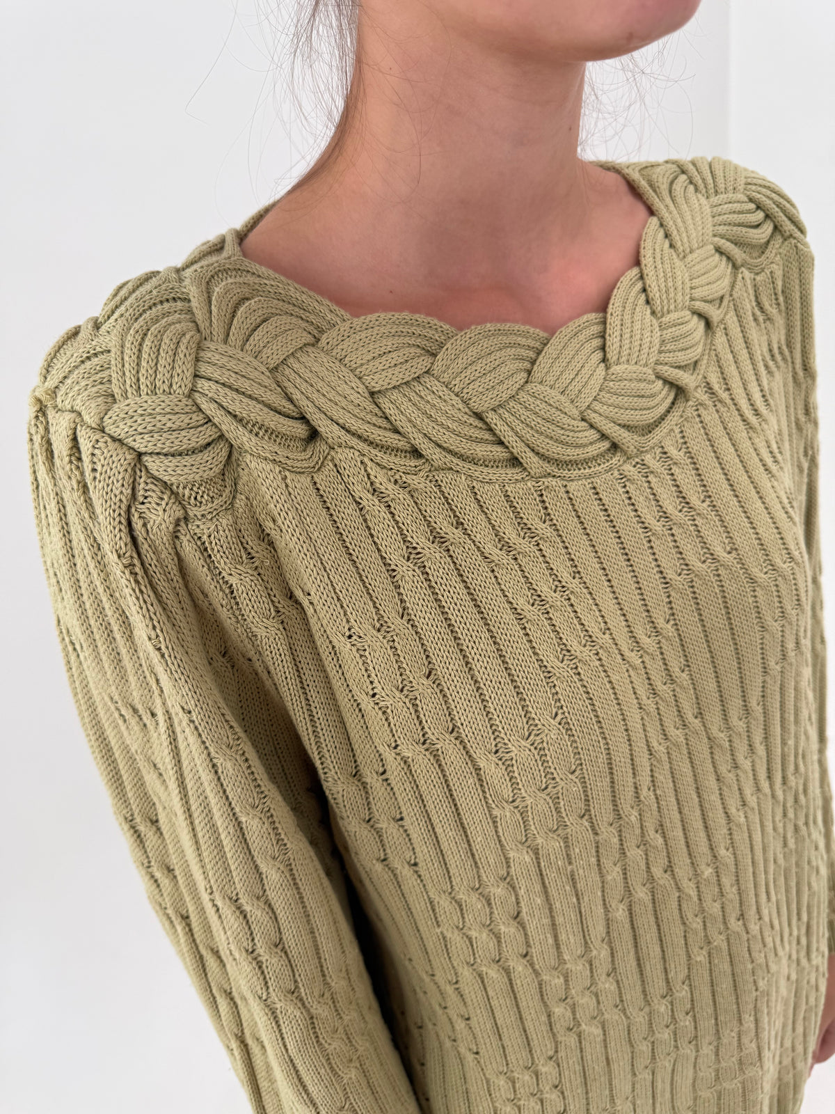 Pulover vintage olive green cu torsade și împletitură superbă din mix de lana extrafina