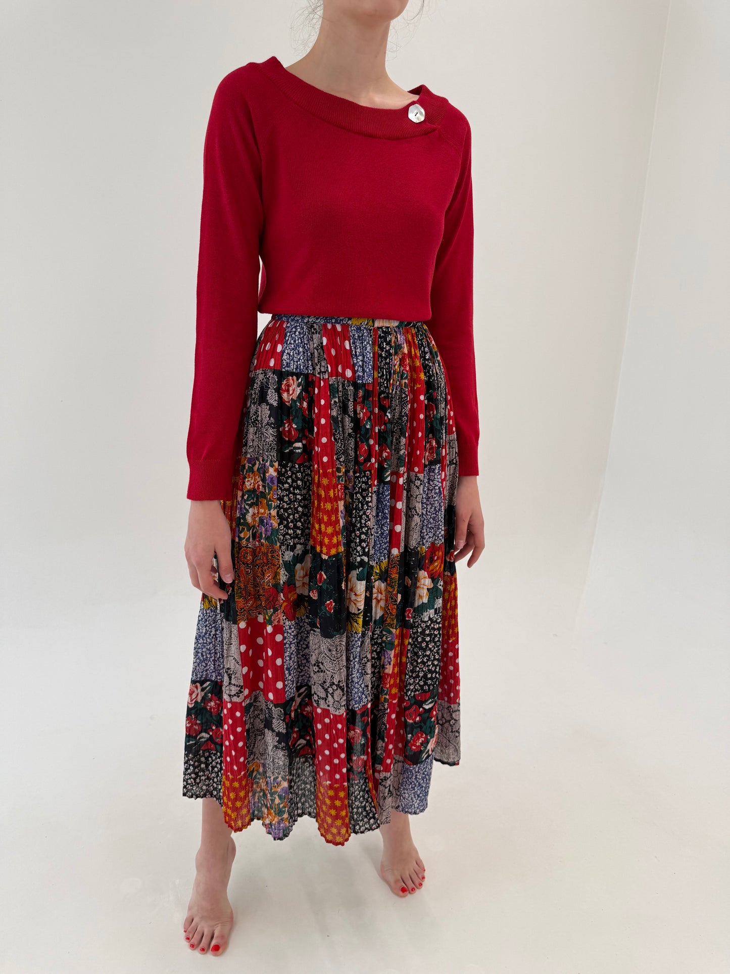 Rochie maxi patchwork din muselina de bumbac cu talie elastică