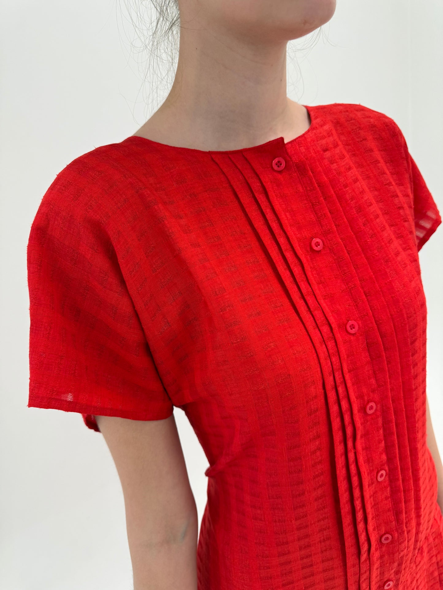 Rochie vintage maxi cherry red din pânză excepțională cu textură geometrică