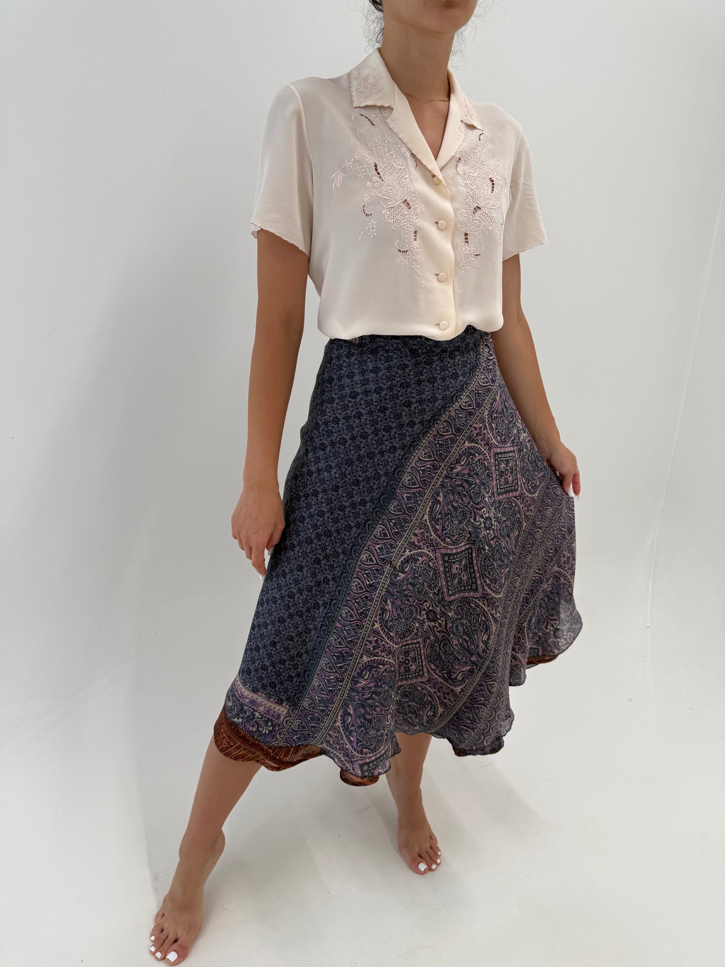 Fustă maxi petrecută din mătase naturală cu print paisley