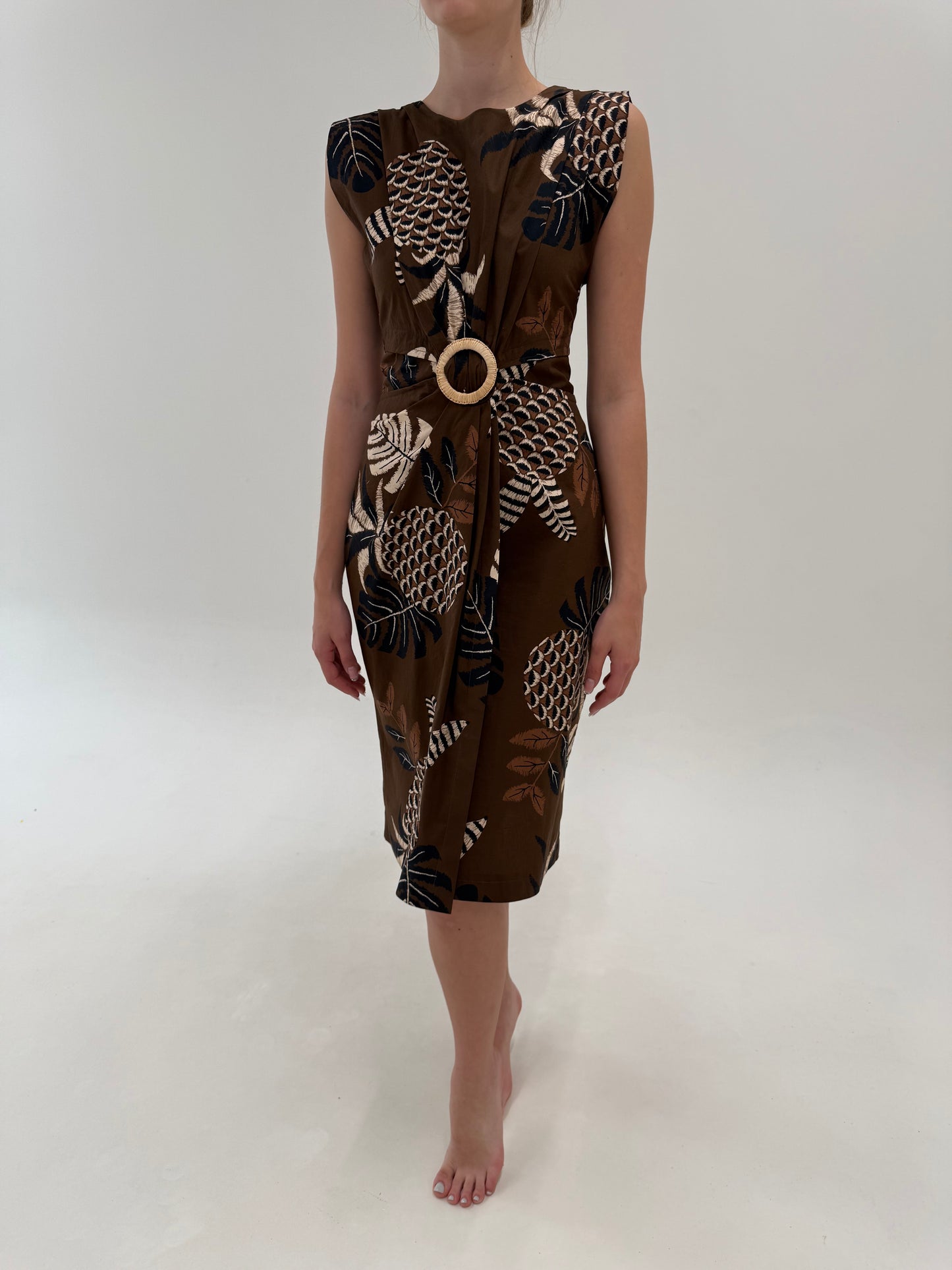Rochie vintage superbă în stil Safari cu detaliu chic fronsat în talie chocolate brown