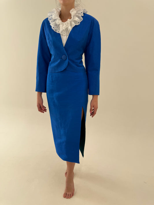 Deux piece din mătase naturală dupioni albastru regal de la zi la seară