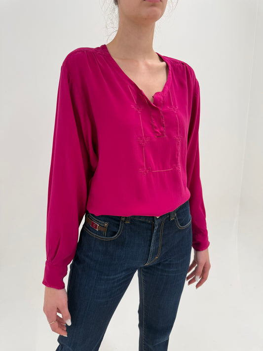Cămașa italiană fucsia din mătase naturală grea cu broderie manuală
