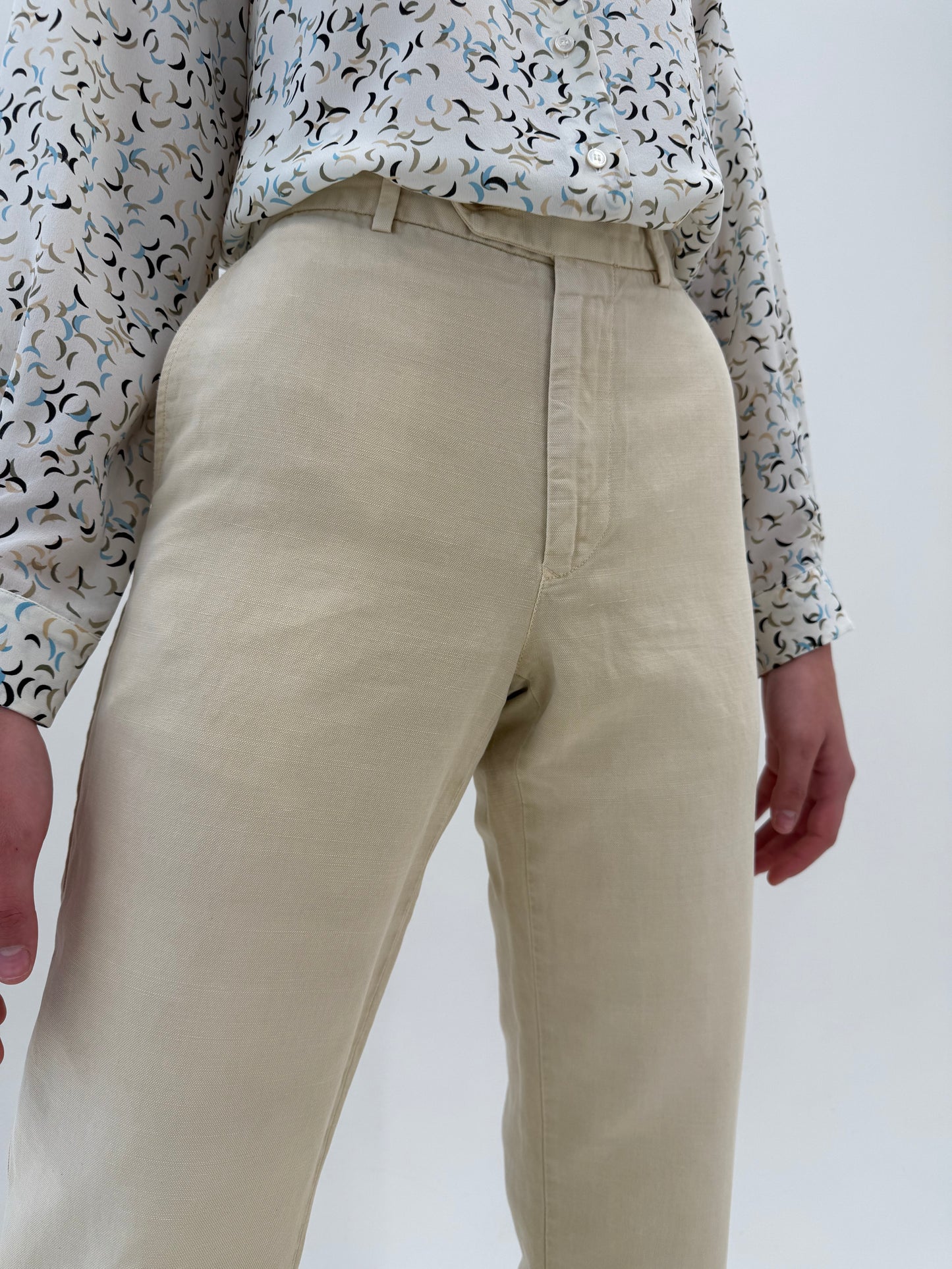 Pantaloni Burberry camel din pânză de in și bumbac în croi clasic