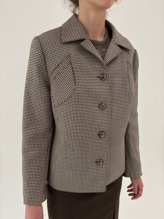 Sacou old vintage anii 70 din stofă pied de coq de lana ivoire și chocolate brown