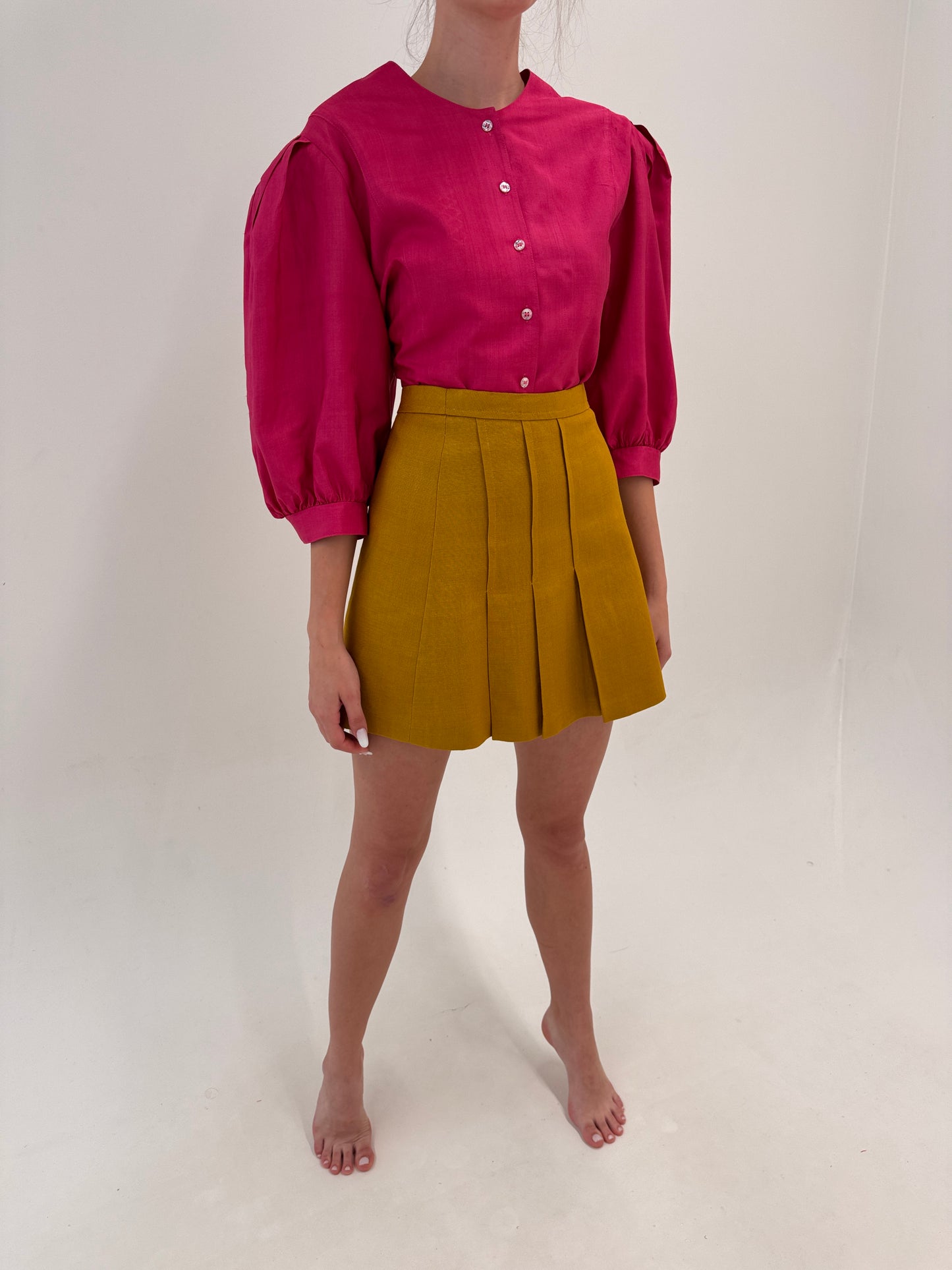Fustă vintage mustard green plisată din pânză excepțională de in
