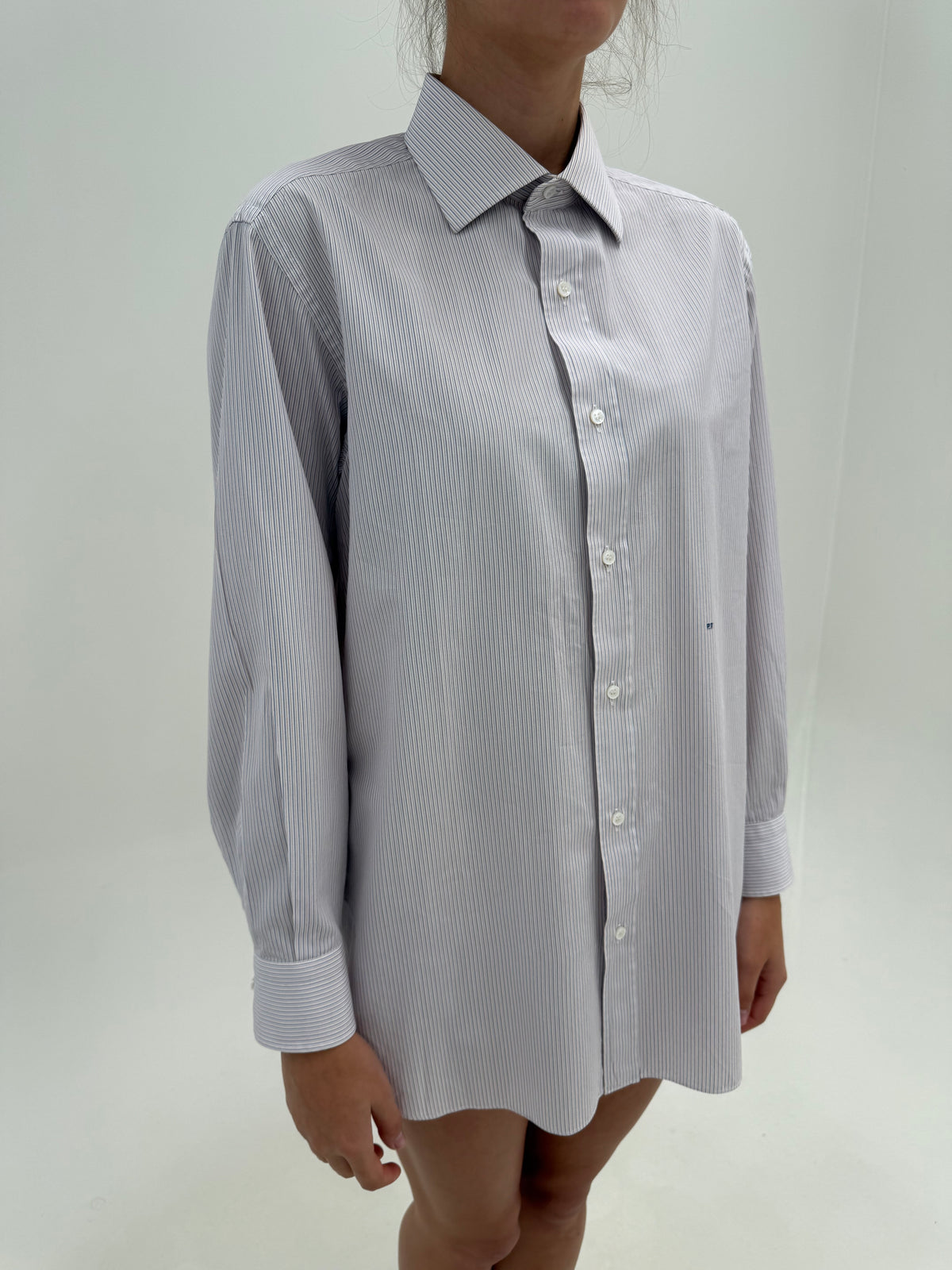 Cămașa petite de brand sartorial italian din poplin plin excepțional în dungi