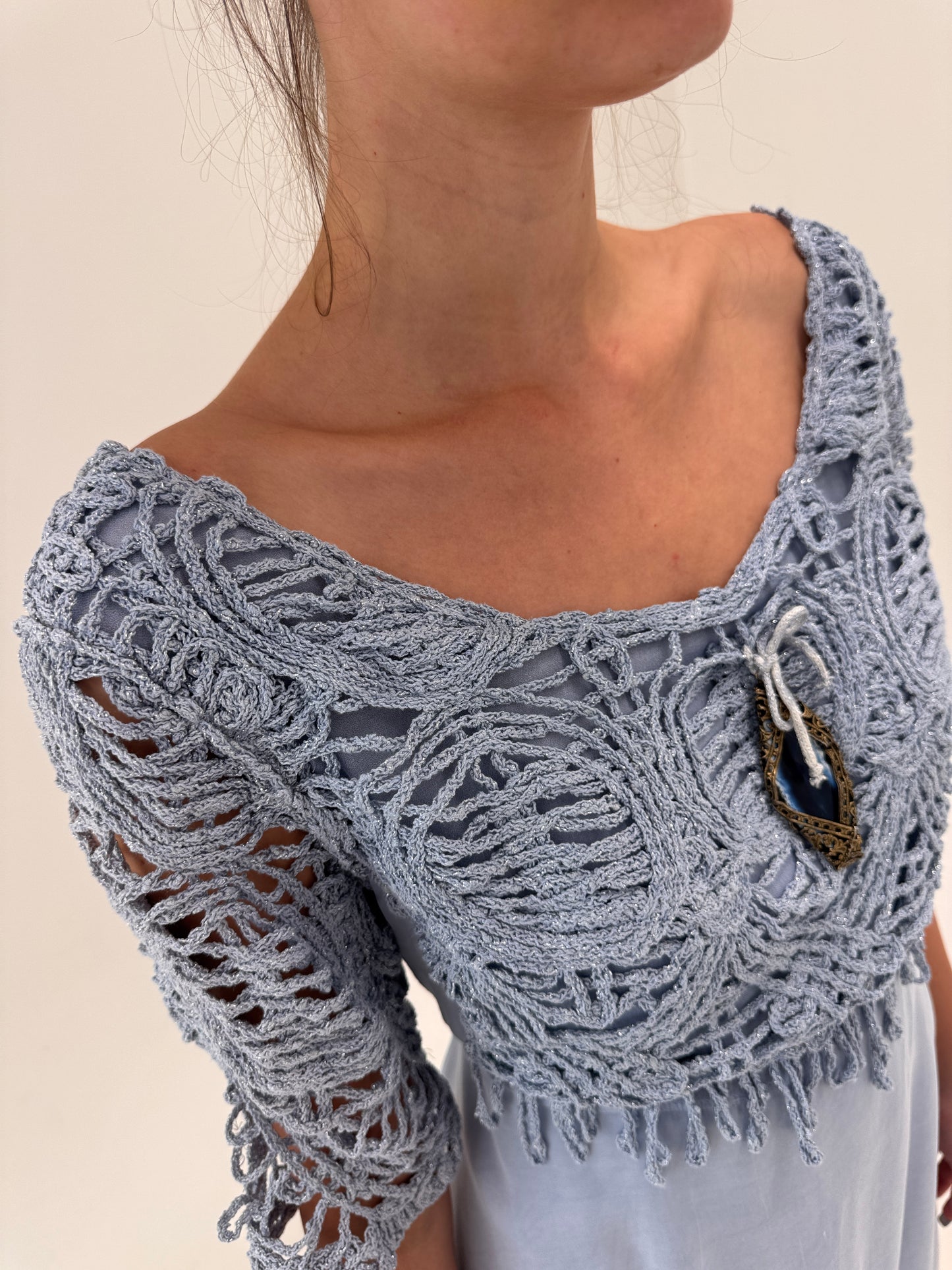 Rochie baby blue Elisa Cavaletti brand premium italian cu macrame în croi actual