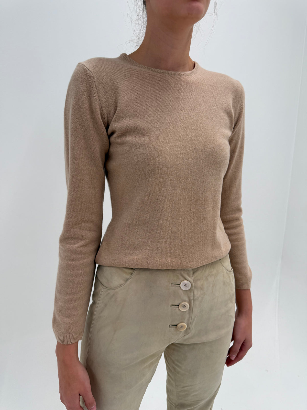 Pulover cambrat din cașmir camel multiply crew neck