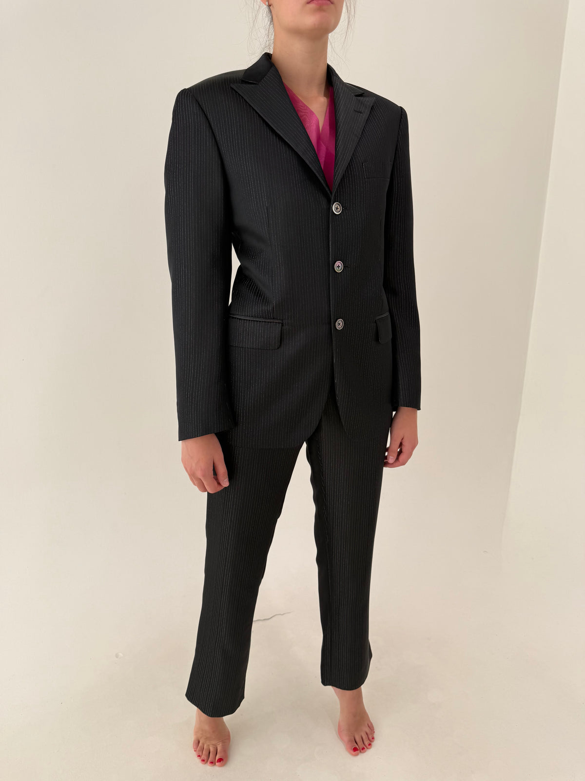 Costum elegant negru de brand luxury Italian Renato Balestra din lana satinata