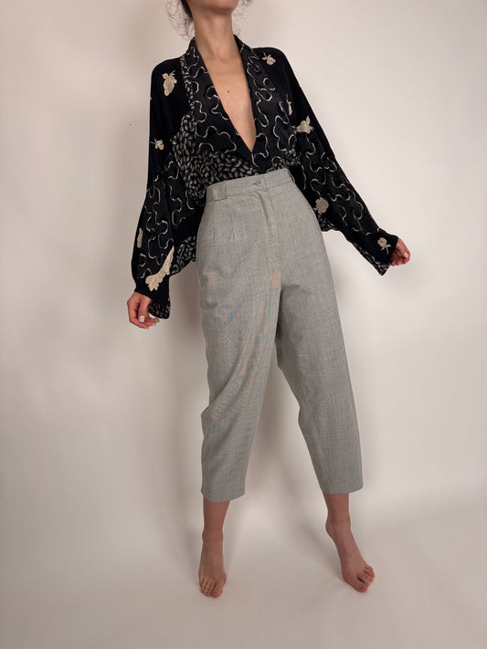 Pantaloni petite țigaretă cu talie ultra înaltă din pânză light gray