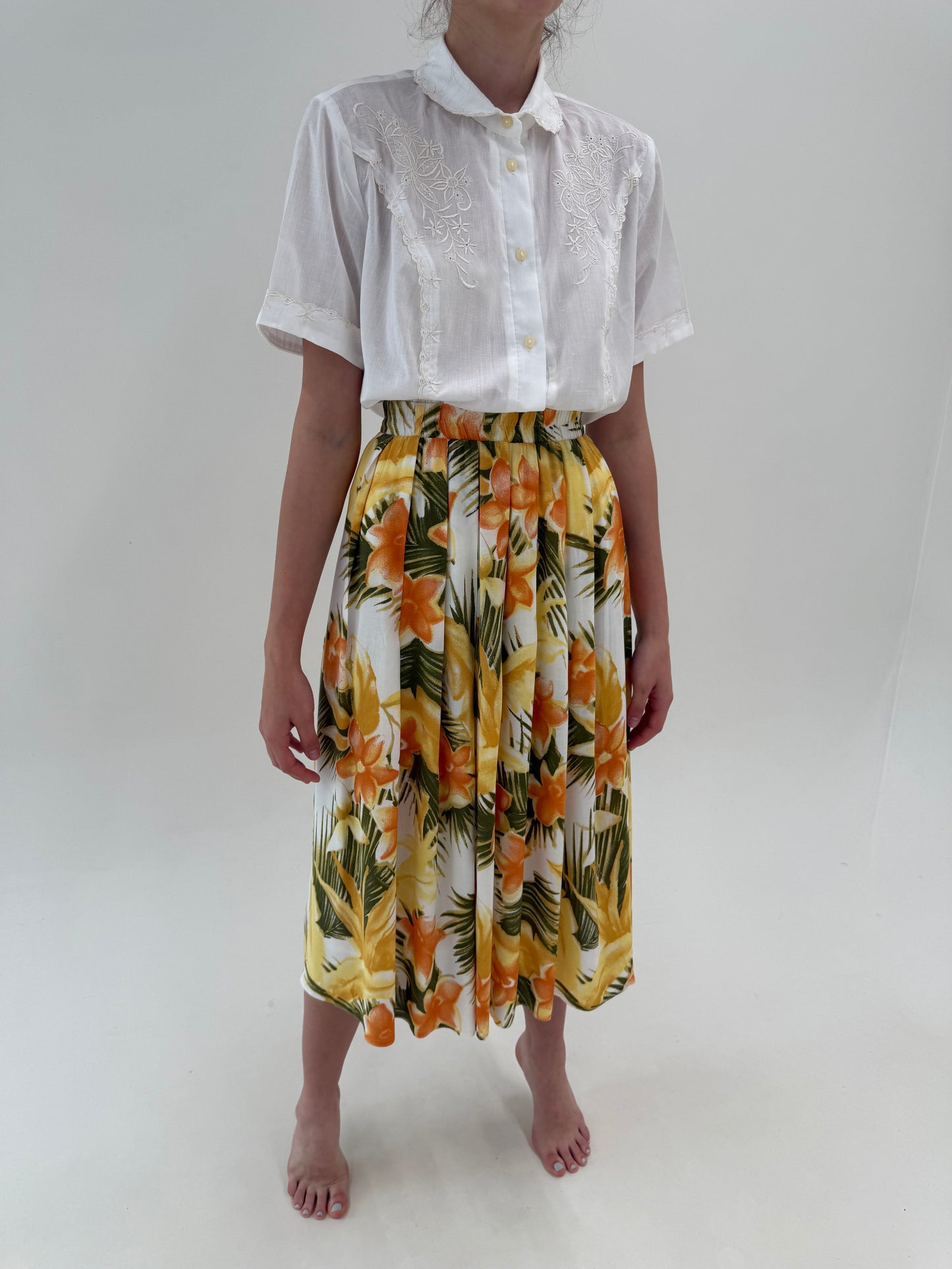 Fustă vintage plisată cu print organic superb cu talie ultra înaltă elastică