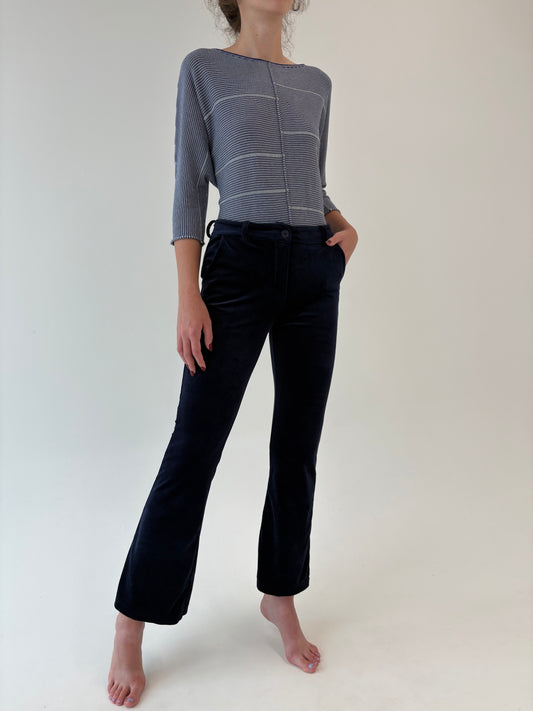 Pantaloni italienești albastru cerneală din catifea strech ușor evazați