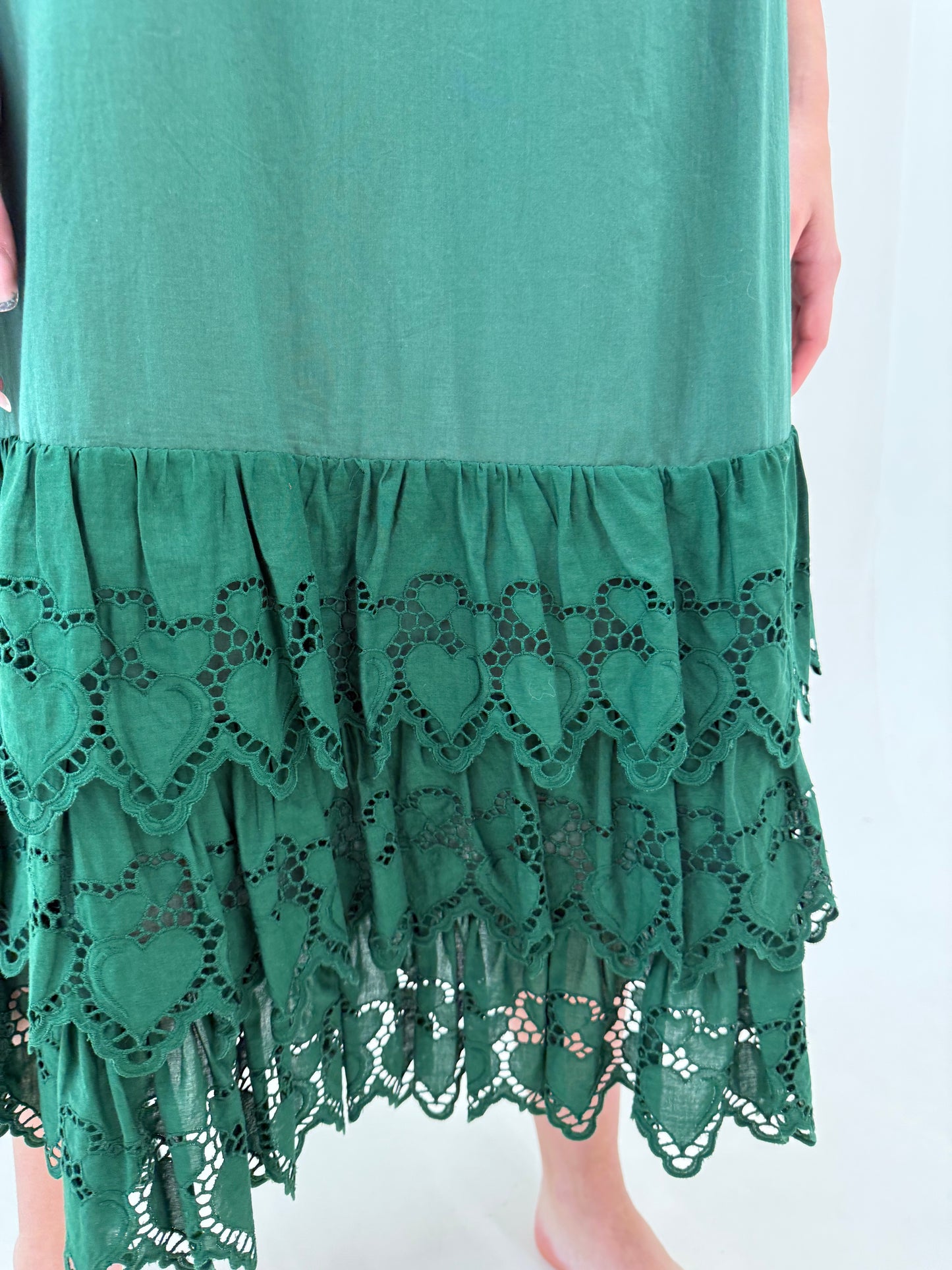 Fustă maxi din panzica de bumbac cu volane și broderie anglaise cu talie elastică