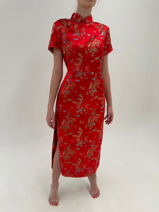 Rochie maxi cu influențe asiatice din mătase naturală brocart