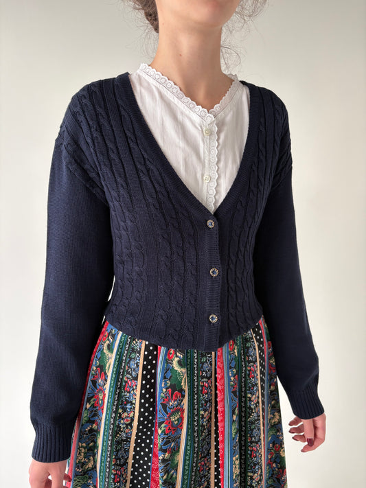 Cardigan vinatge Navy blue cu torsade din lana extrafina de gramaj mare