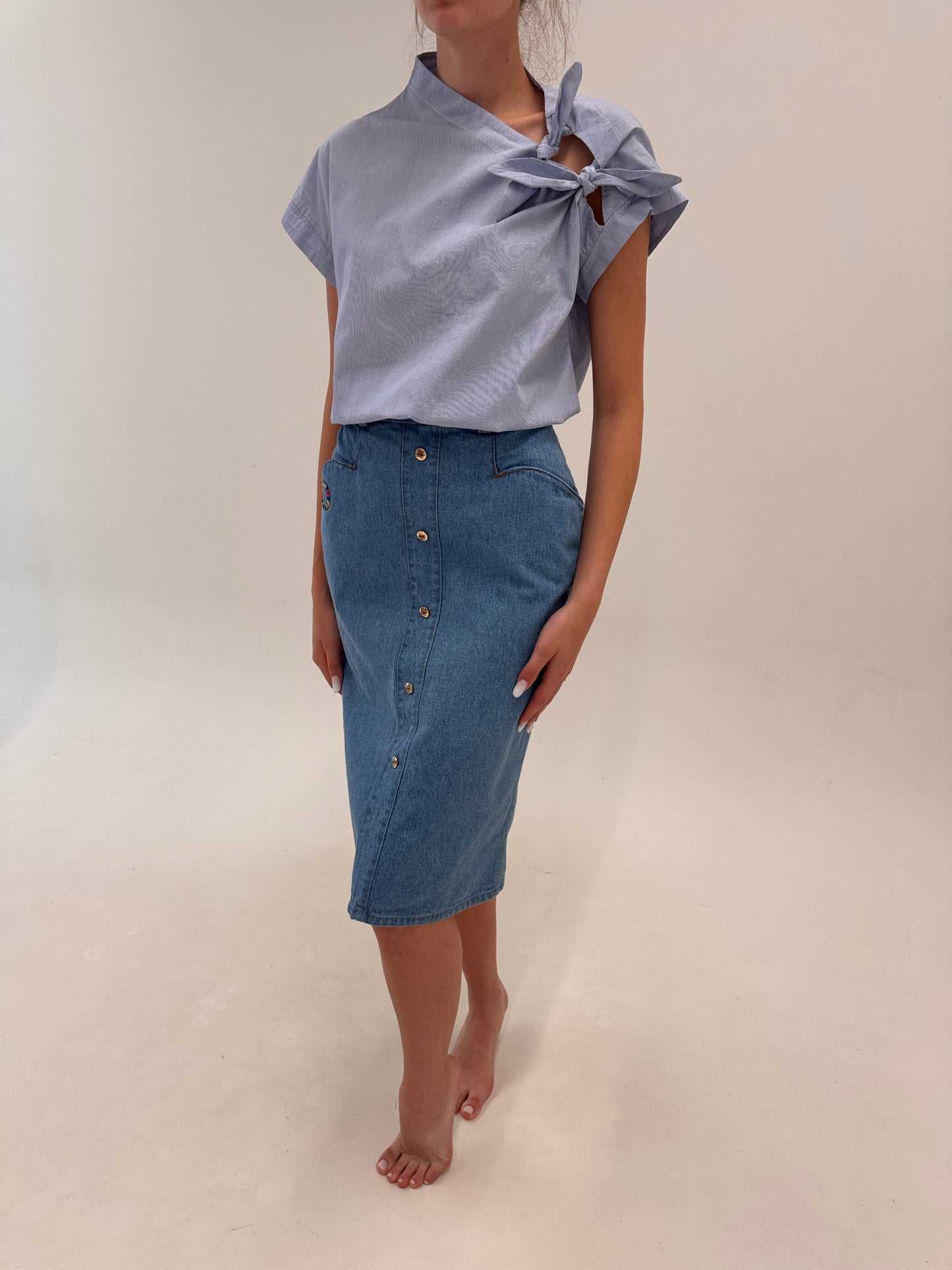 Fustă vintage din jeans moale de vară cu talie ultra înaltă marcată și buzunare chic
