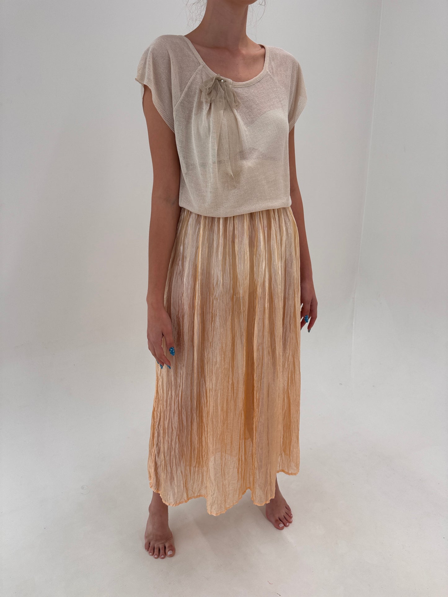 Fustă maxi light muted gold no iron super vaporoasă cu talie elastică