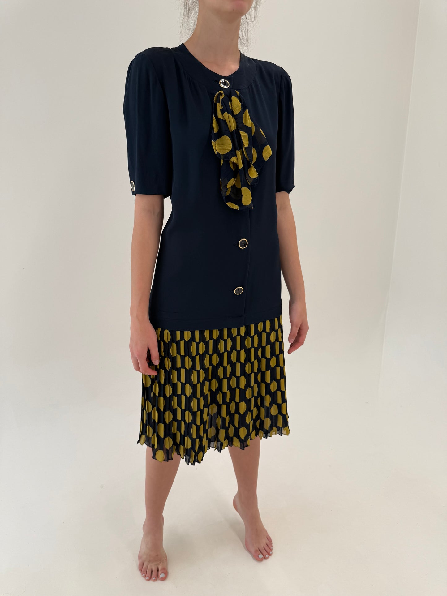 Rochie vintage italiana în stil Valentino cu buline din mix de mătase naturală