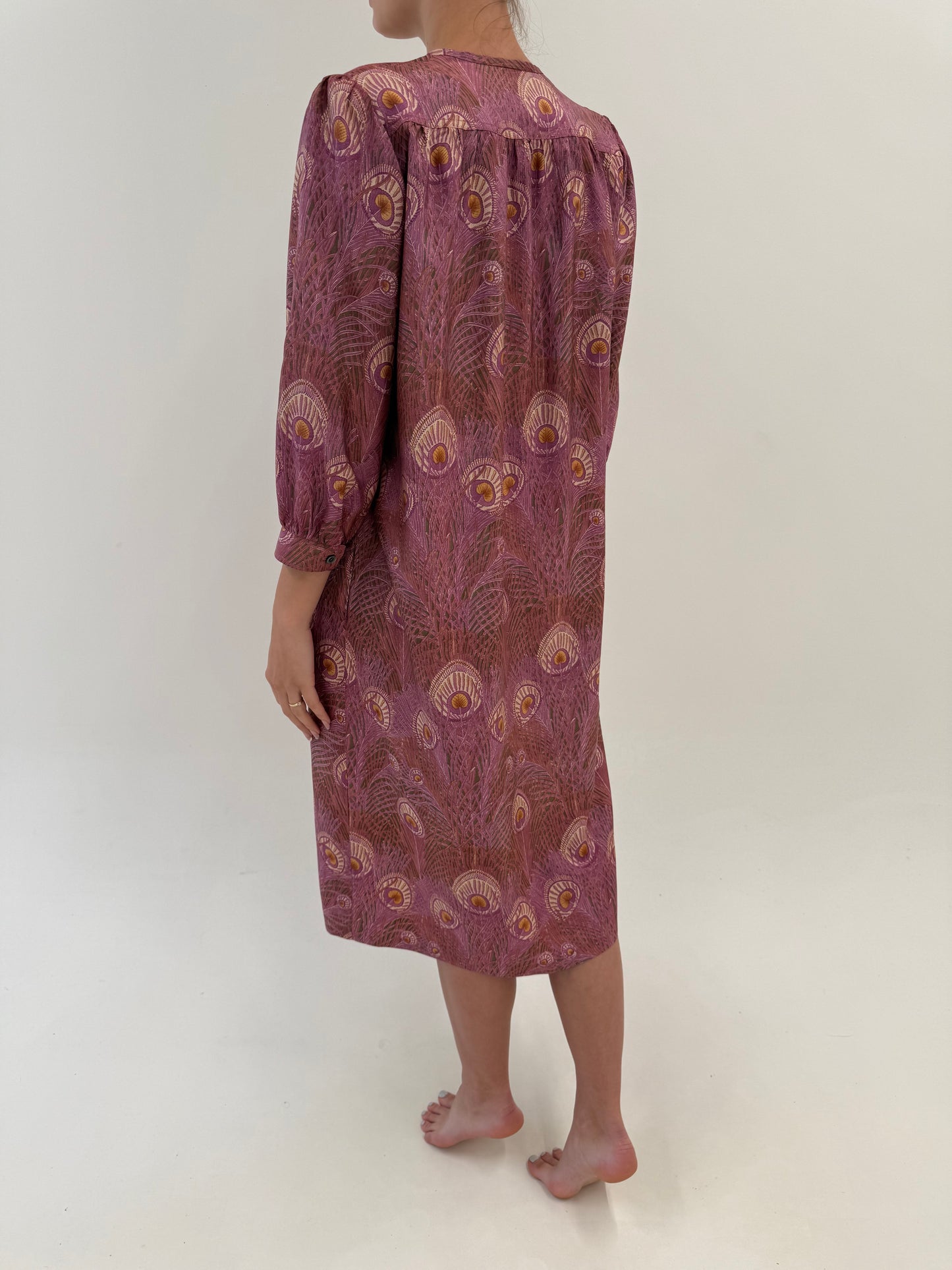 Rochie vintage petite din mătase naturală în croi lejer cu buzunare dusty pink