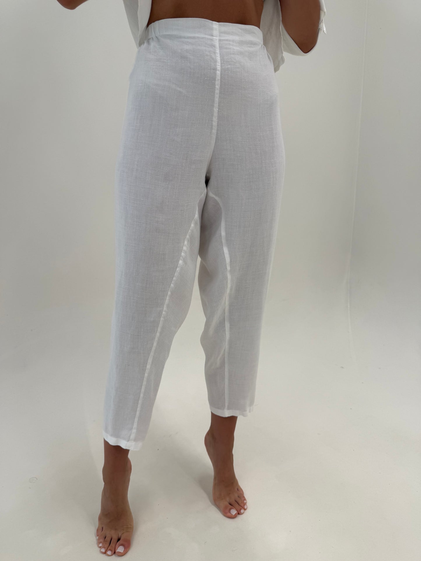 Pantaloni petite din in premium foarte moale cu talie înaltă generoasă