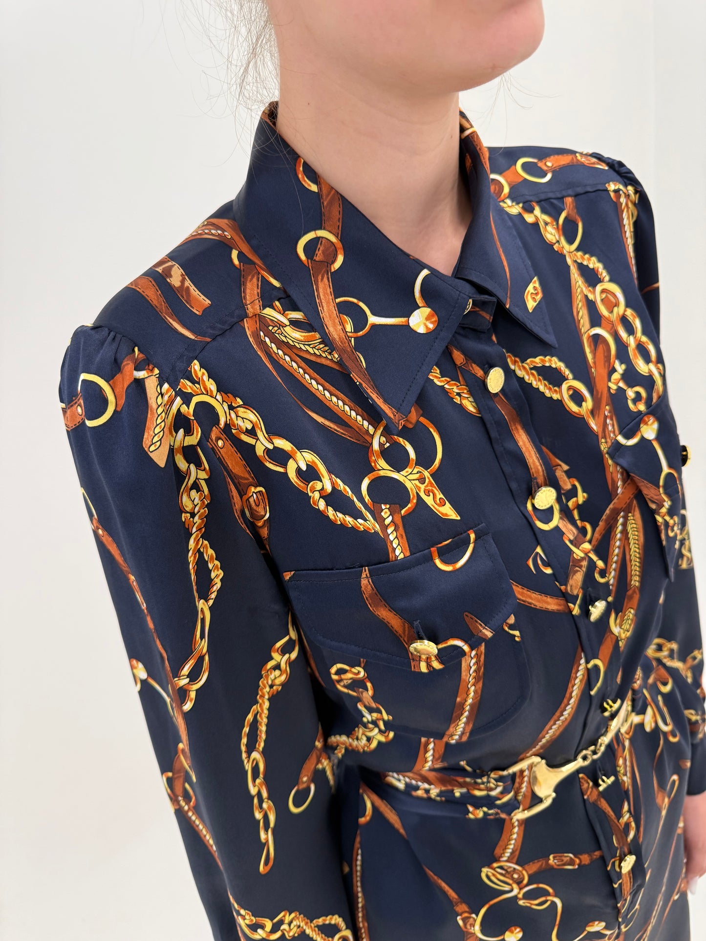 Rochie luxury Luisa Spagnoli din twill de mătase naturală cu print baroc și centura proprie
