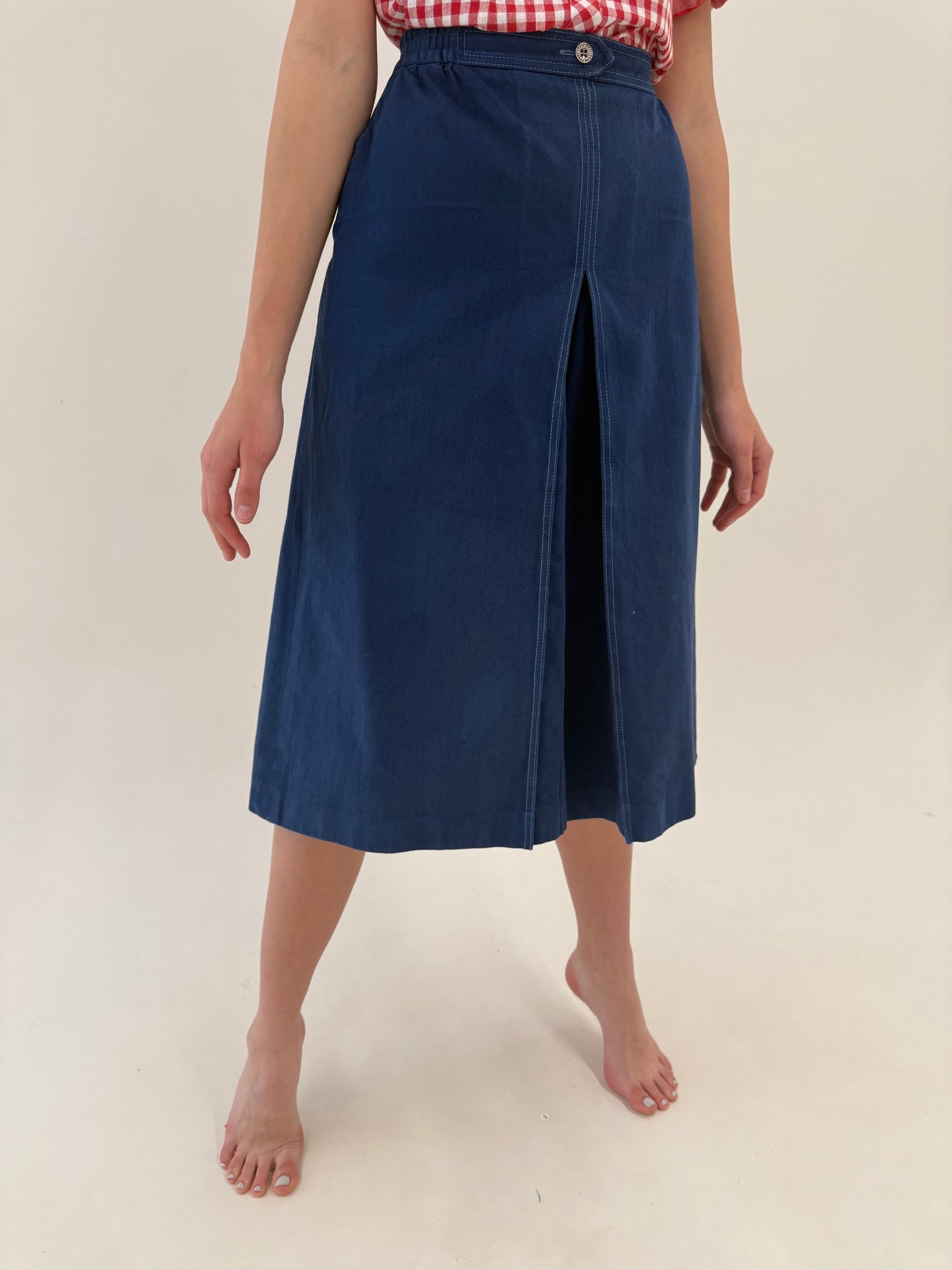 Set vintage luxury Delmod din jeans indigo wash cu fustă pantaloni midi