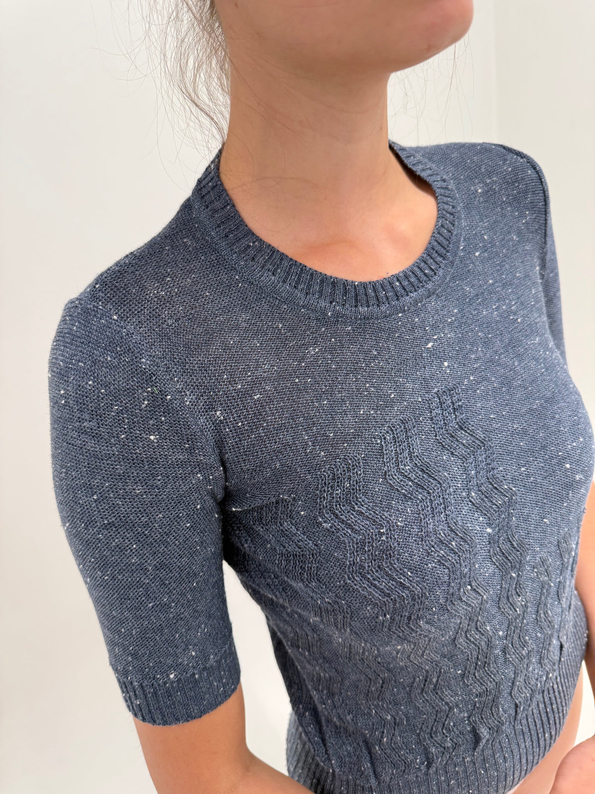 Top vintage din tricot de bumbac mercerizat premium jeans blue