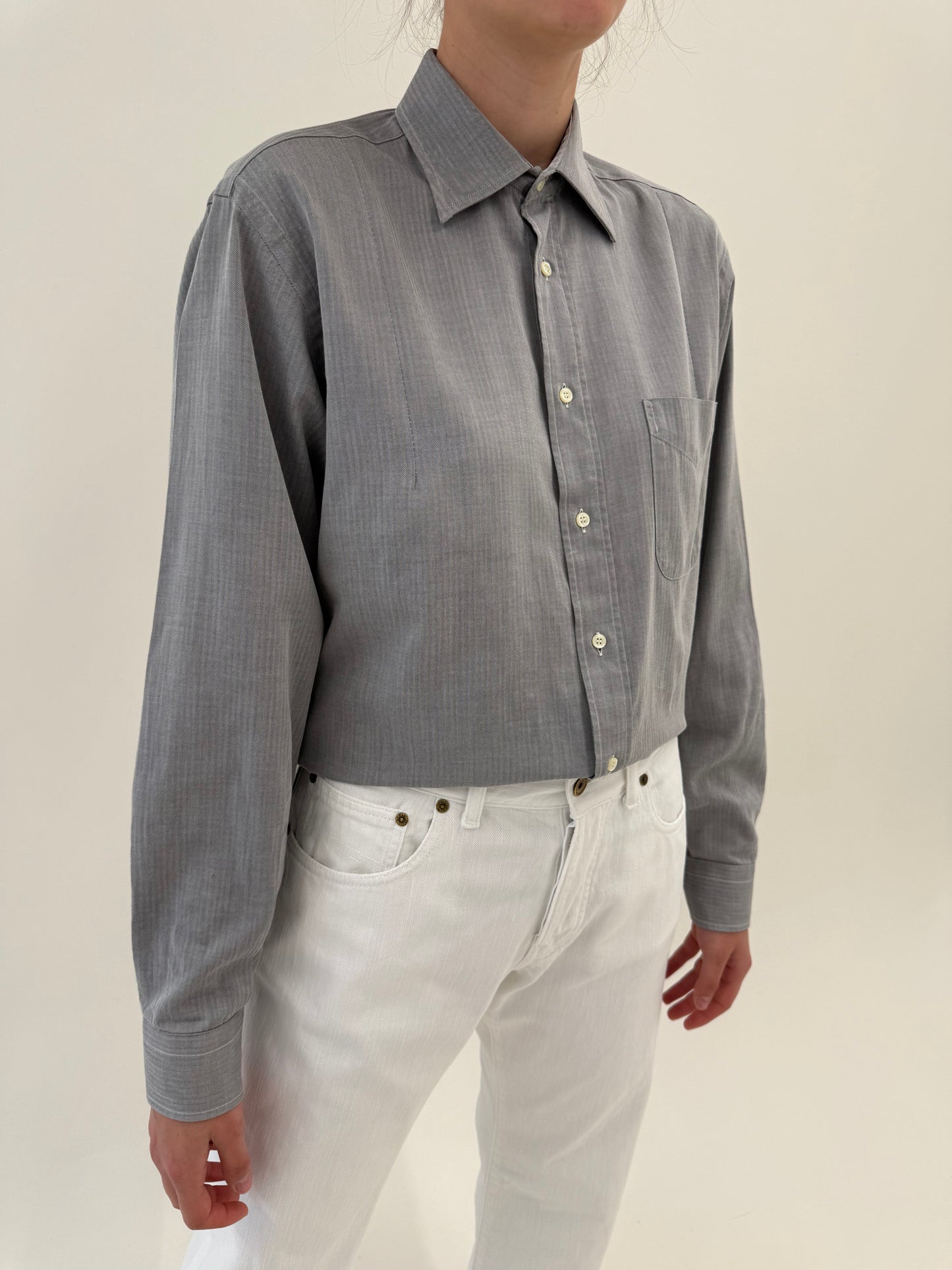 Cămașa Burberry vintage din poplin excepțional Chevron silver gray