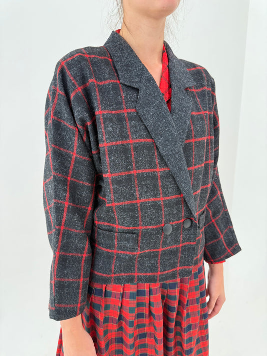Sacou din tweed de lana în croi retro modern și carouri roșu tare
