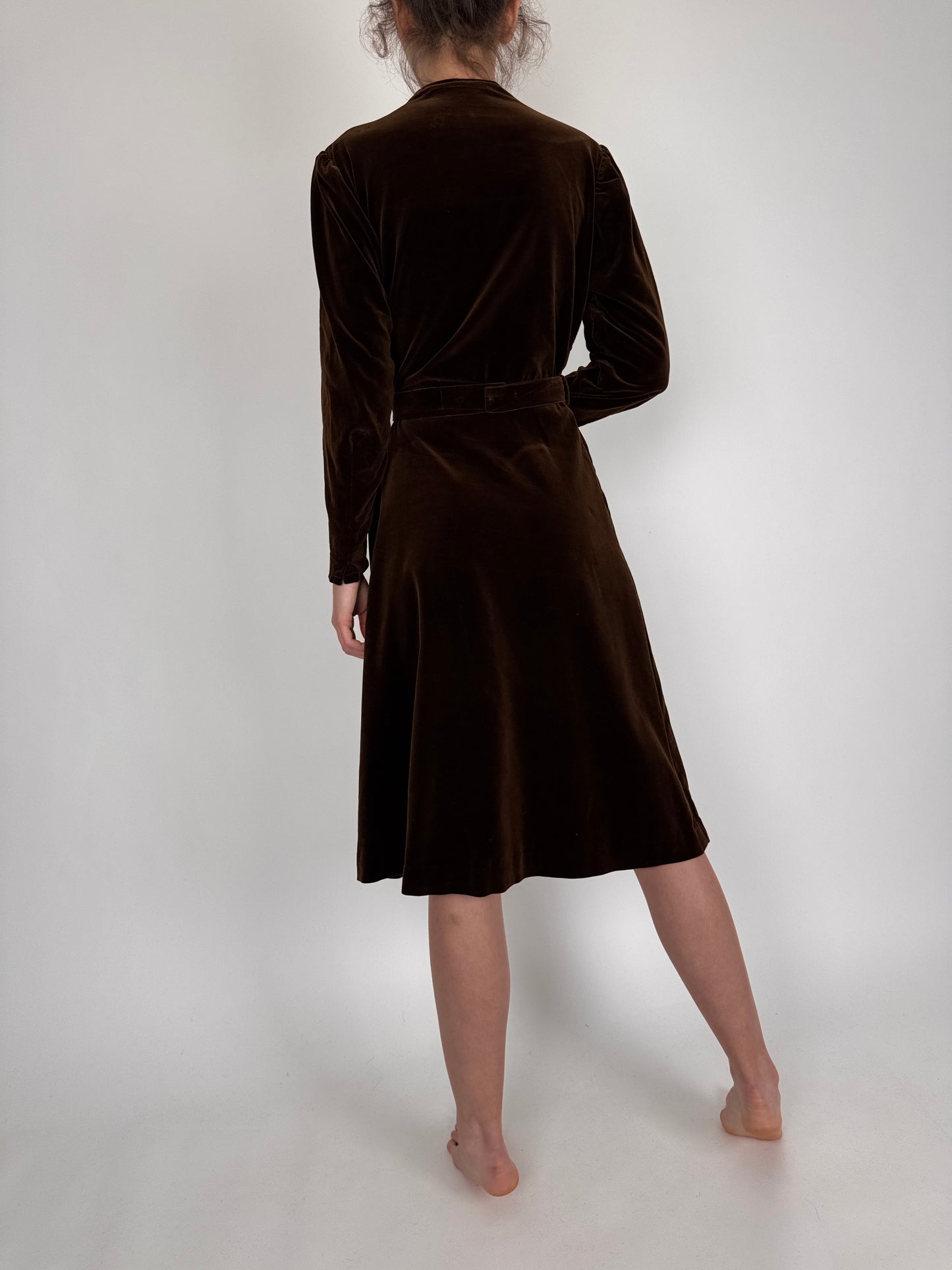 Rochie vintage chocolate brown din catifea de bumbac cu talie marcată