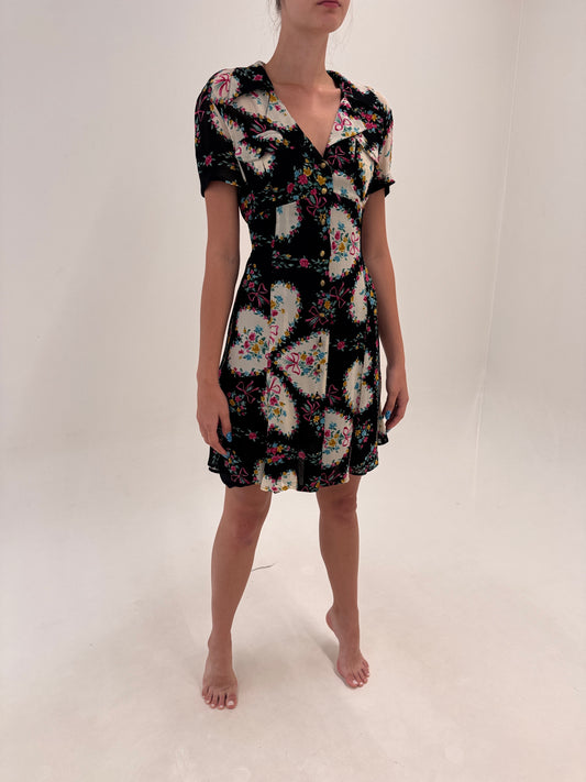 Rochie Moschino neagra cu print în culori tari și talie marcată