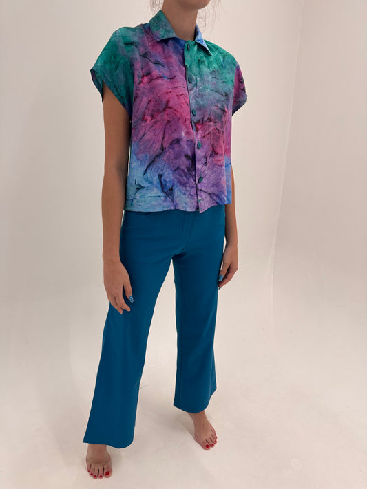 Pantaloni palazzo noi teal blue din poplin ultra confort modelator