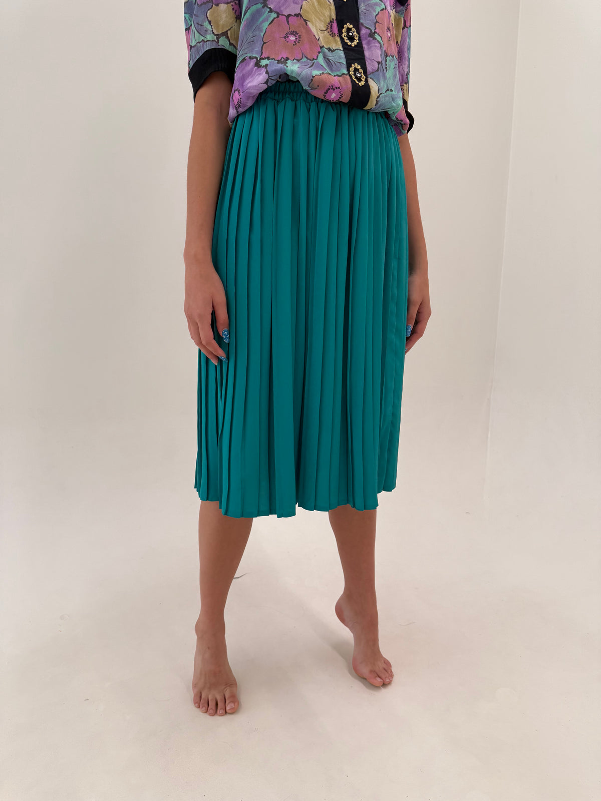 Fustă vintage plisată aqua blue cu talie ultra înaltă elastică midi