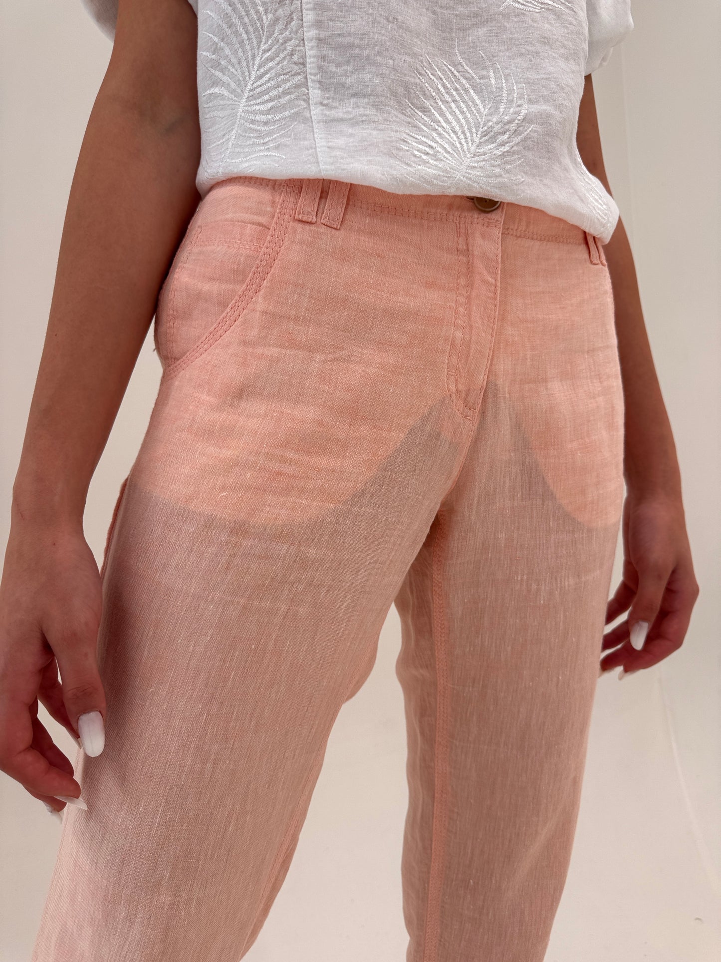 Pantaloni peach din in premium în croi clasic tall