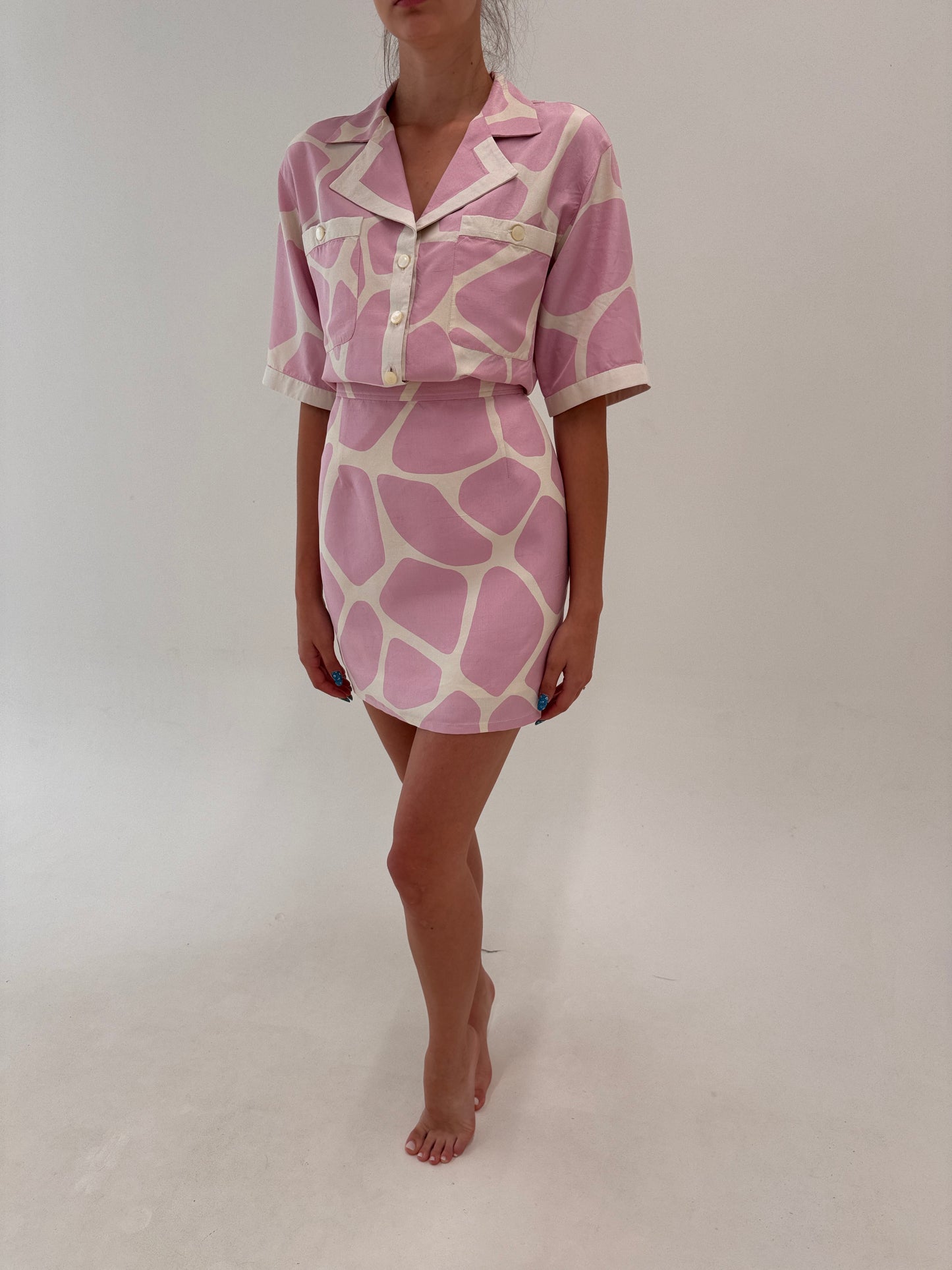 Costum Valentino vintage din pânză de mătase naturală cu print powder Pink