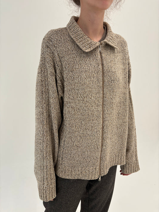 Pulover polo gros în nuanțe de nude cu fermoar din lana plină