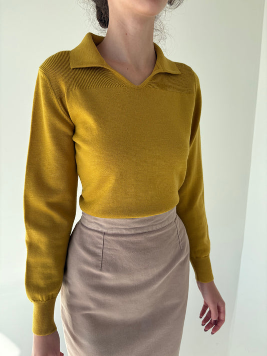 Pulover vintage polo muștar din lana extrafina de gramaj mare