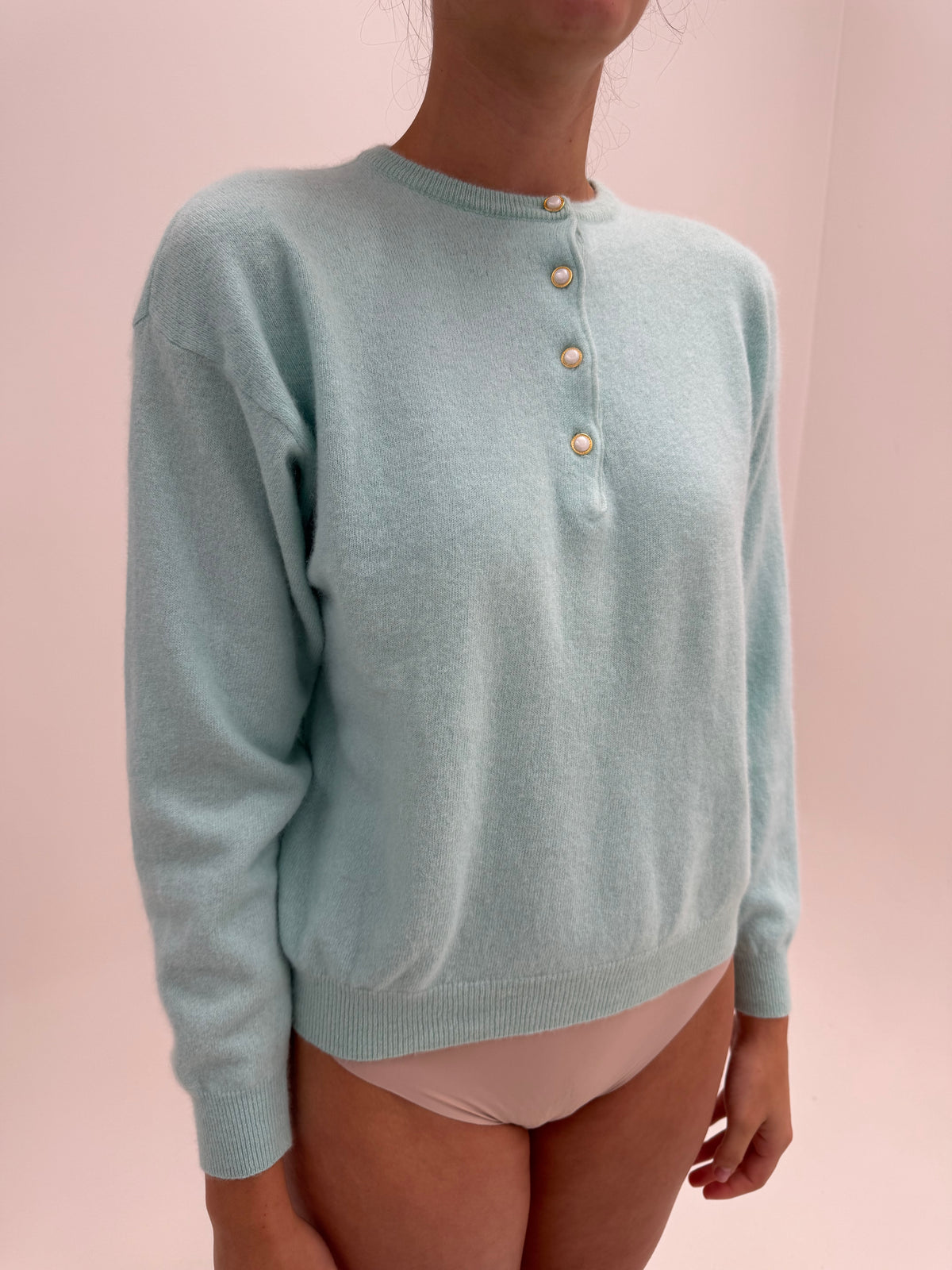 Pulover vintage cu mânecă fluture din lana extrafina cu Angora mint green