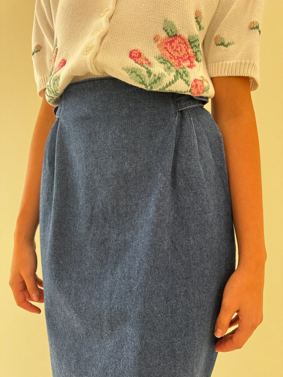 Fustă vintage excepțională maxi din jeans gros cu sistem de reglaj în talia extrem de înaltă