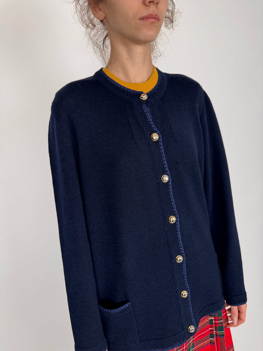 Cardigan Navy blue din lana plină extrafina cu nasturi aurii