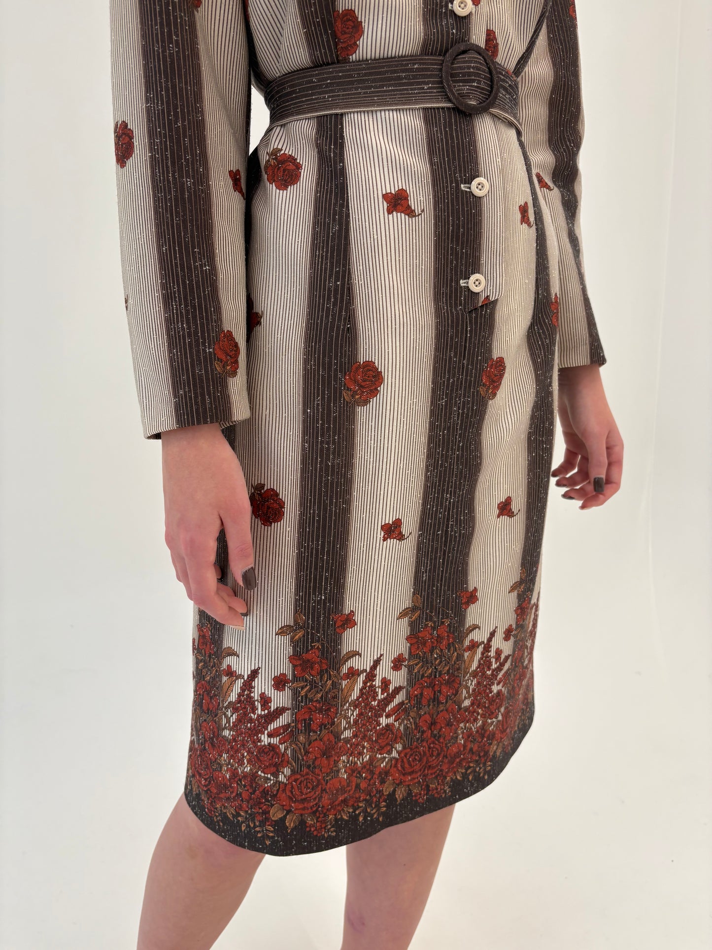 Rochie vintage din mix de lana cu print superb și talie marcată reglabilă