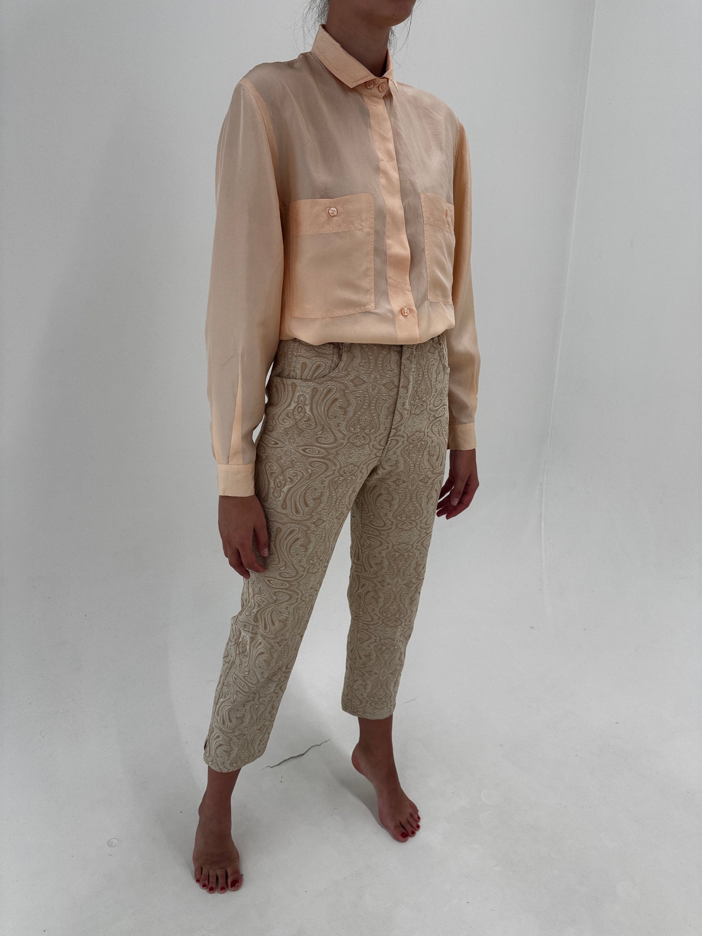 Pantaloni camel mom fit din brocart ultra confort modelator petite