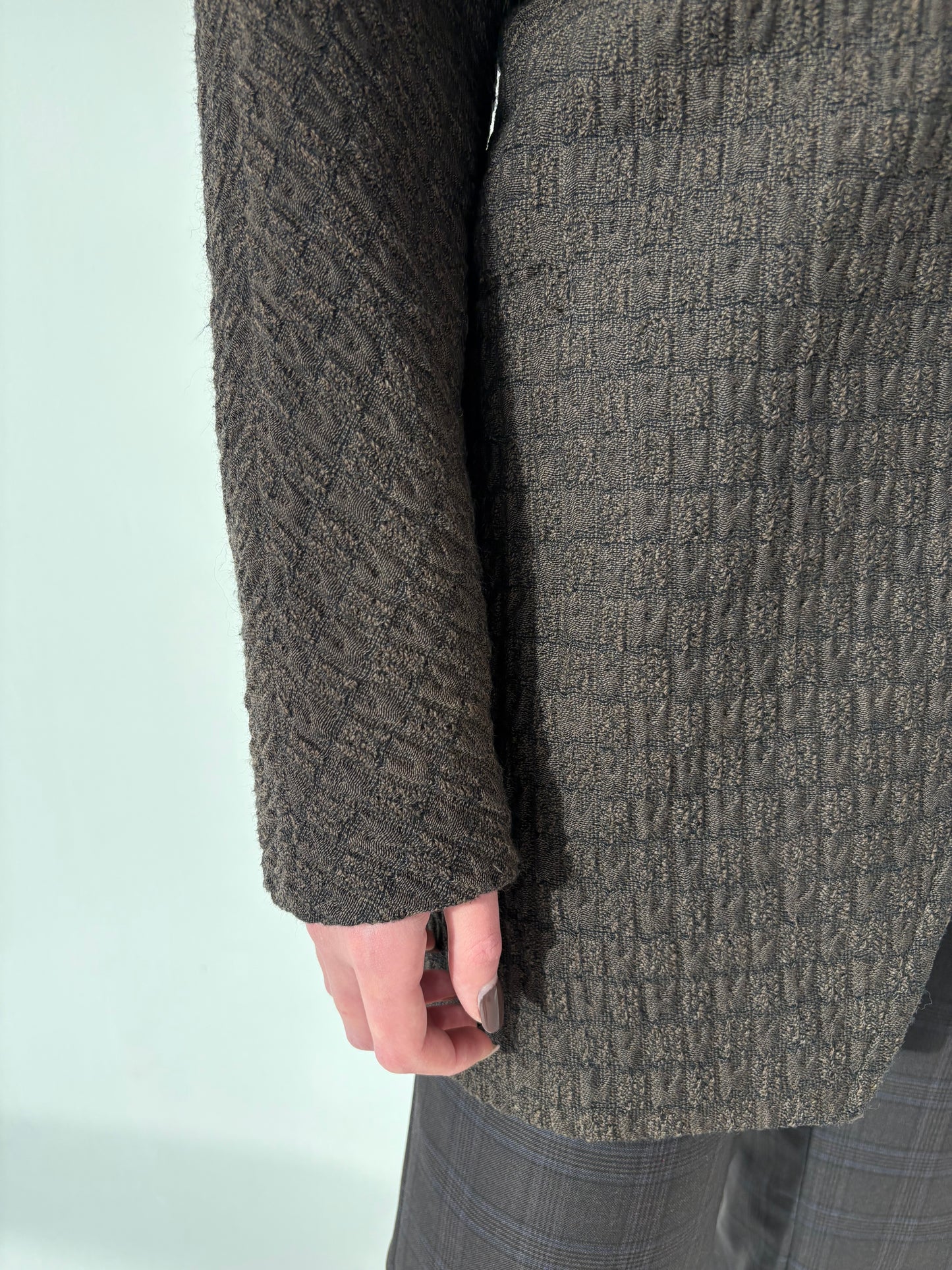 Sacou lung vintage excepțional din stofă waffle dark chocolate brown