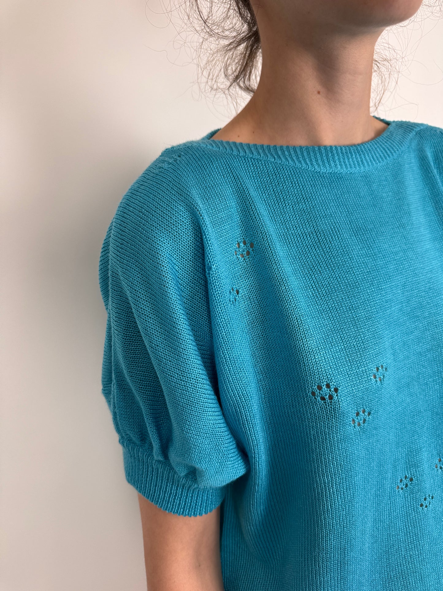 Top vintage turcoaz din jerse de bumbac de gramaj mare