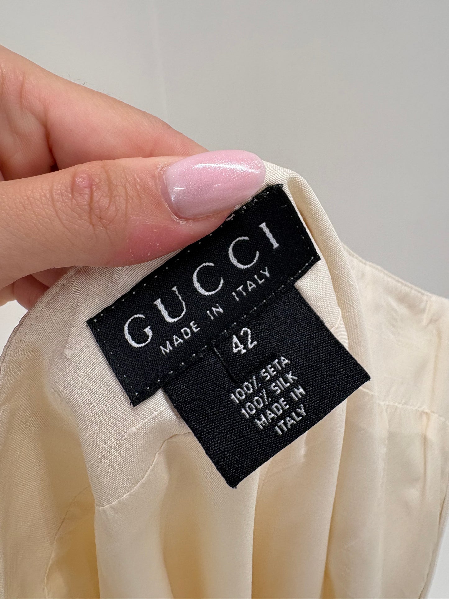 Pantaloni Gucci petite din mătase naturală butter white cu talie ultra înaltă