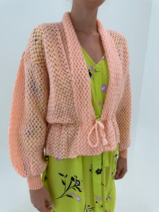 Cardigan old vintage sfârșit de ani 70 din tricot tip openwork cu mâneci dolman și talie reglabilă